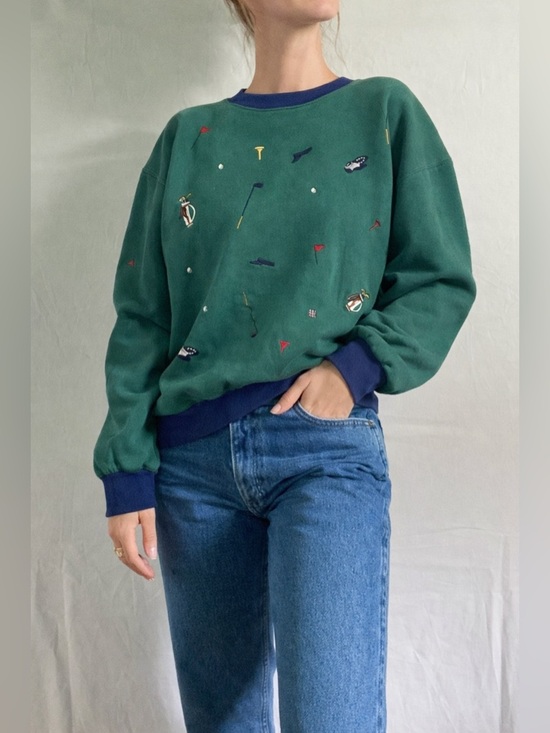 Vintage Tops - Vintage 80s All Over Embroidered Golf Oversized Sweatshirt Forest Green